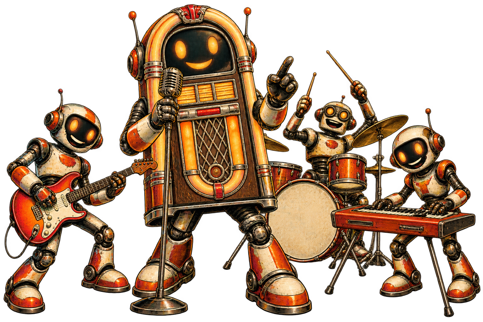 Retro robot jukebox and robot garage band