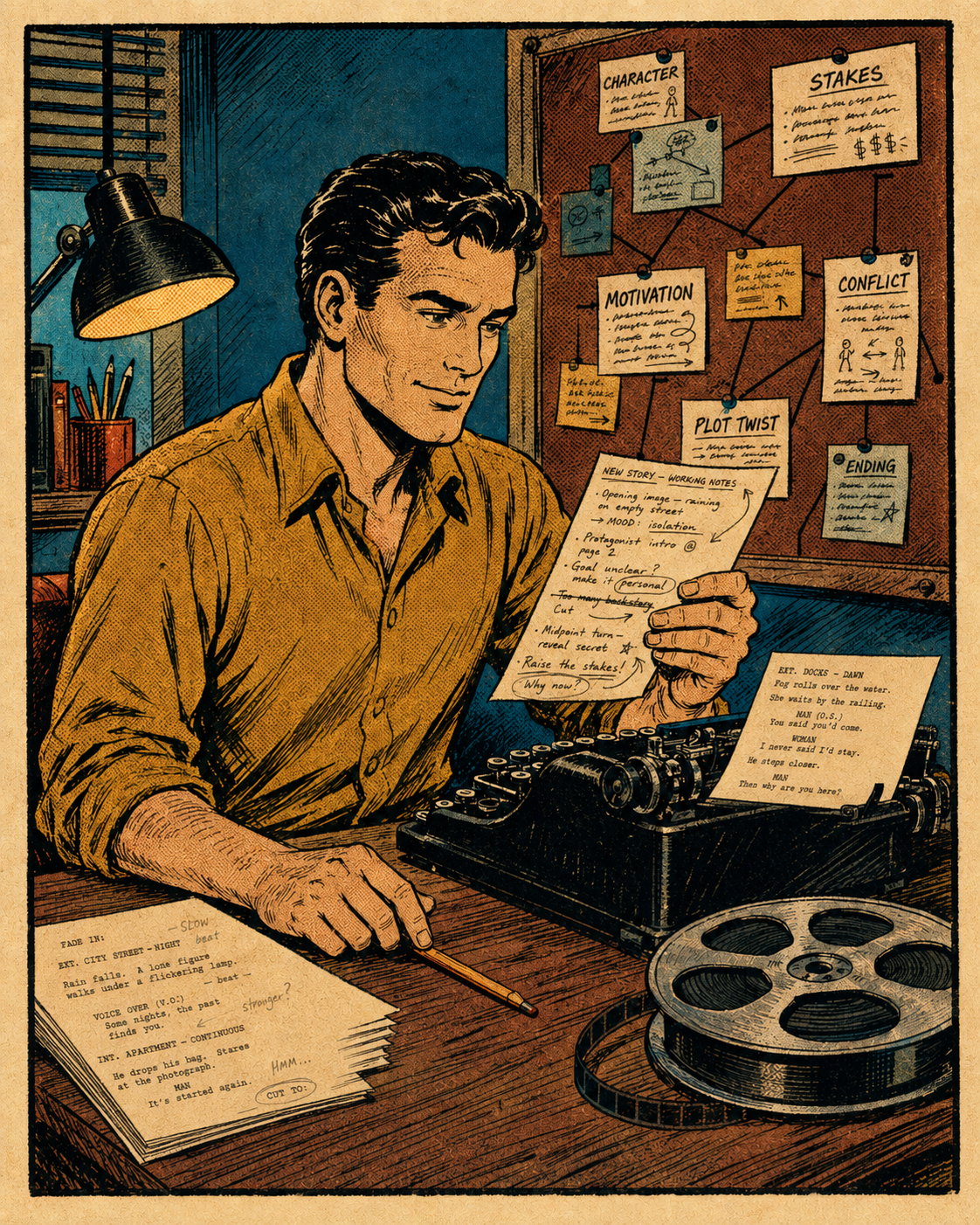 Pulp-comic illustration of a writer developing a story in a one-person studio