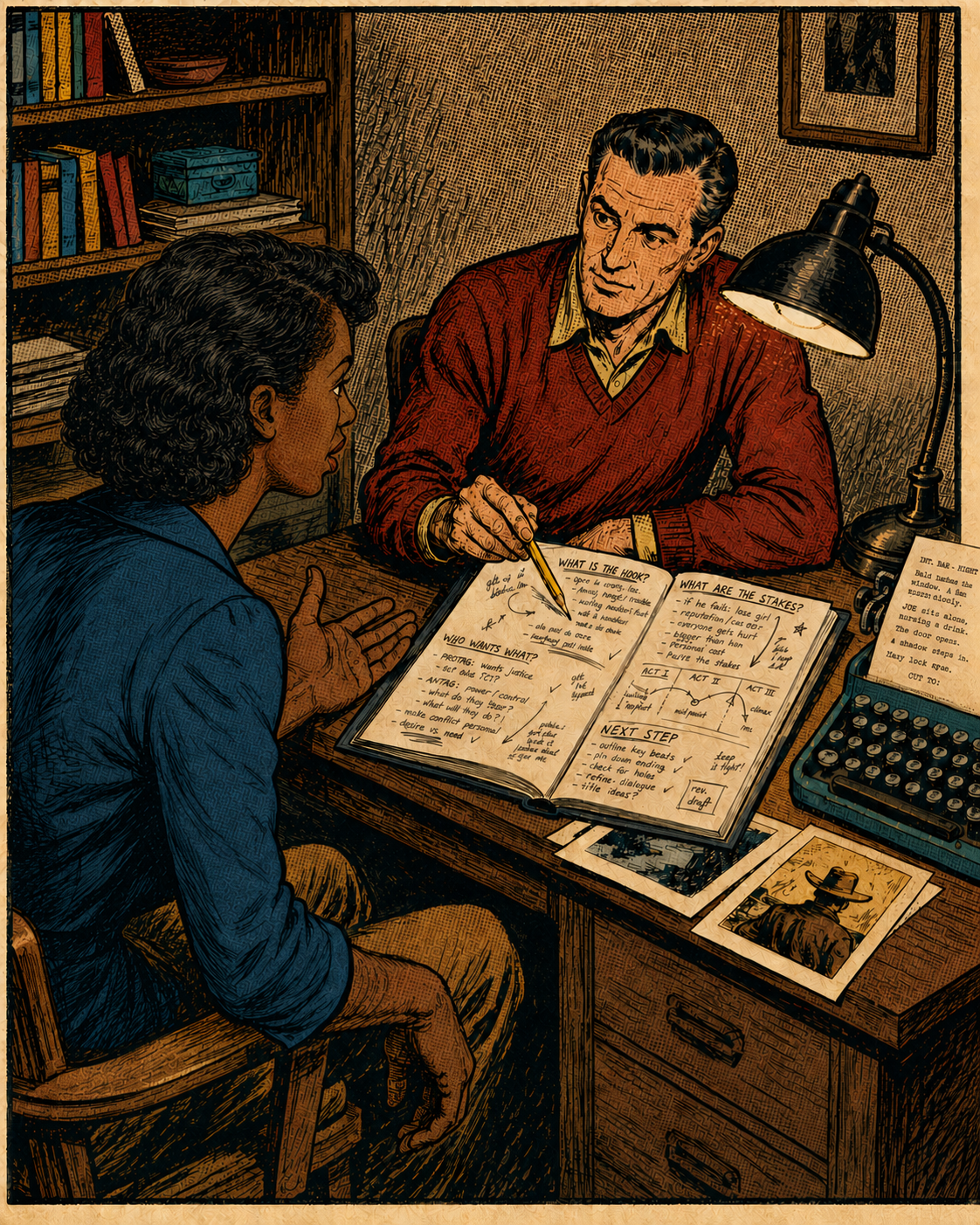 Pulp-comic illustration of a Black woman creator discussing story questions with an editor