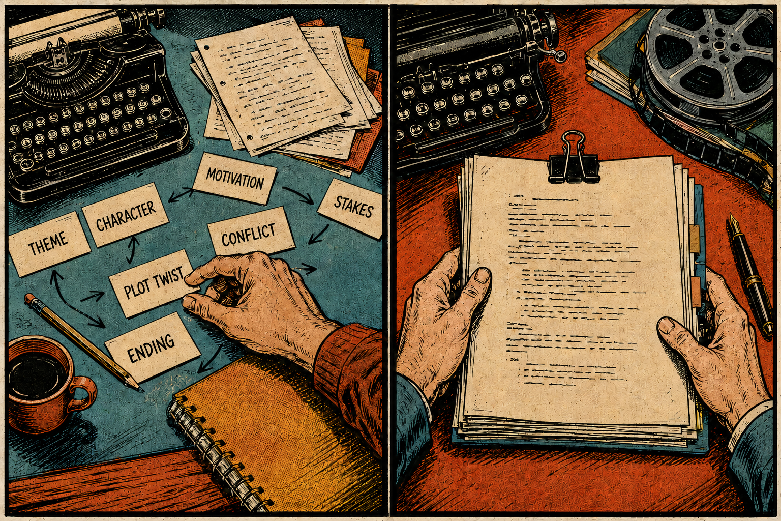 Comic-book panels contrasting story planning cards with a finished screenplay dossier