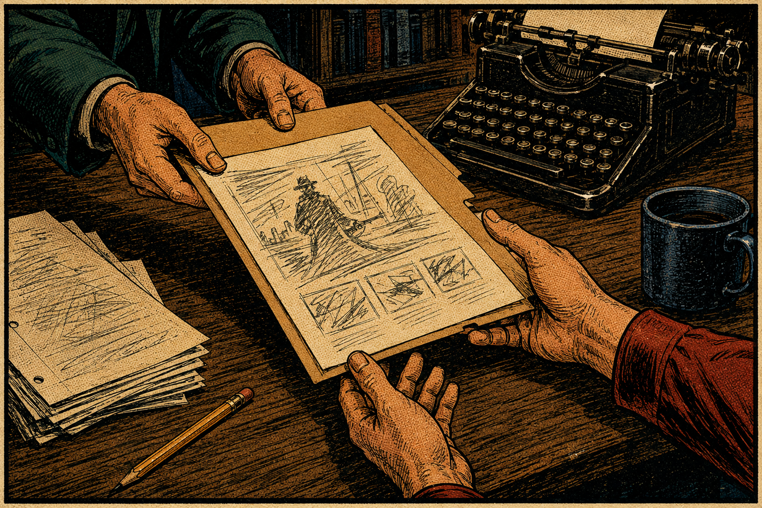 Pulp-comic illustration of a creator passing a rough story concept to an editor