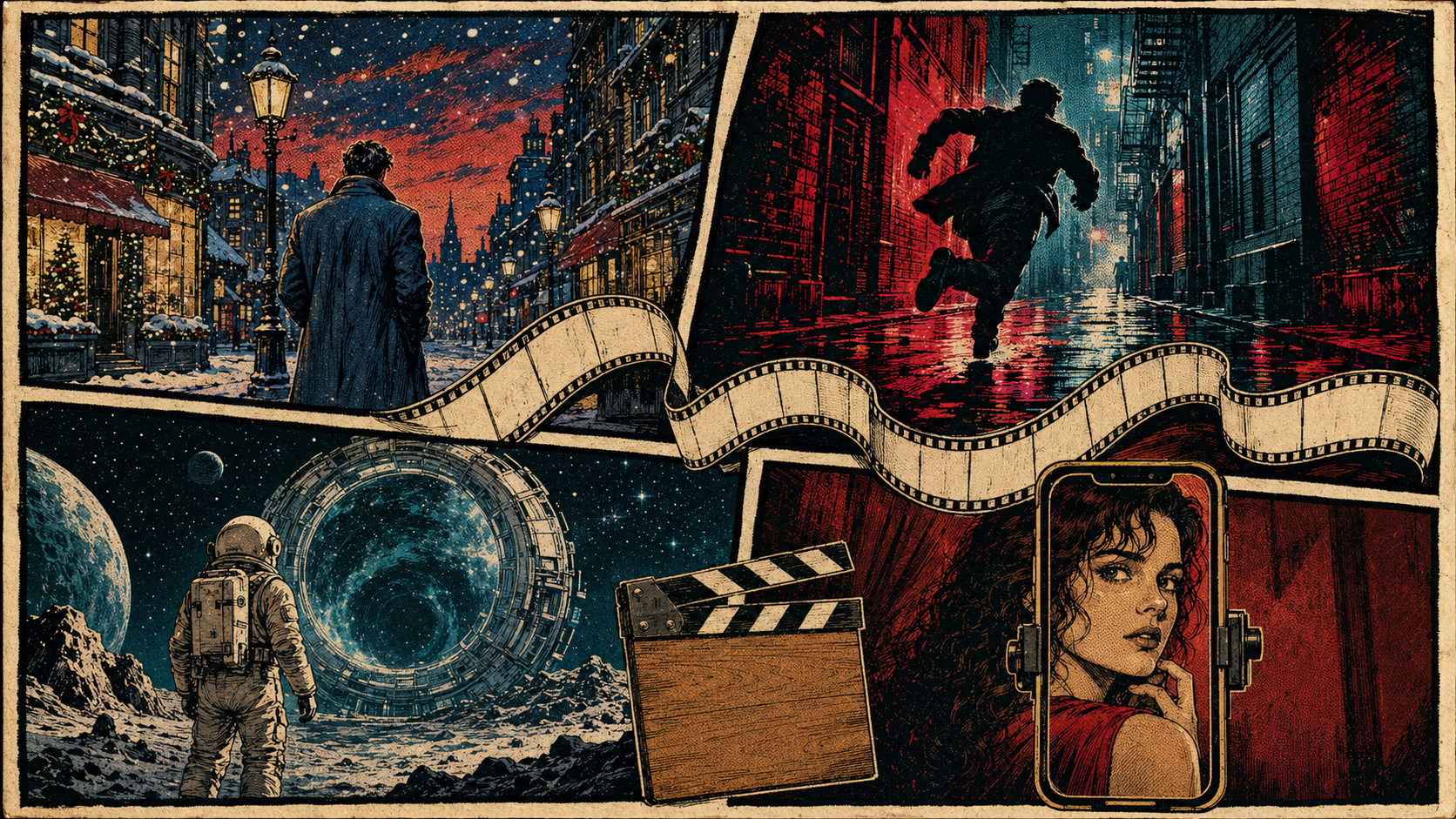 Four pulp-comic panels showing festive drama, action thriller, science fiction and vertical screen stories