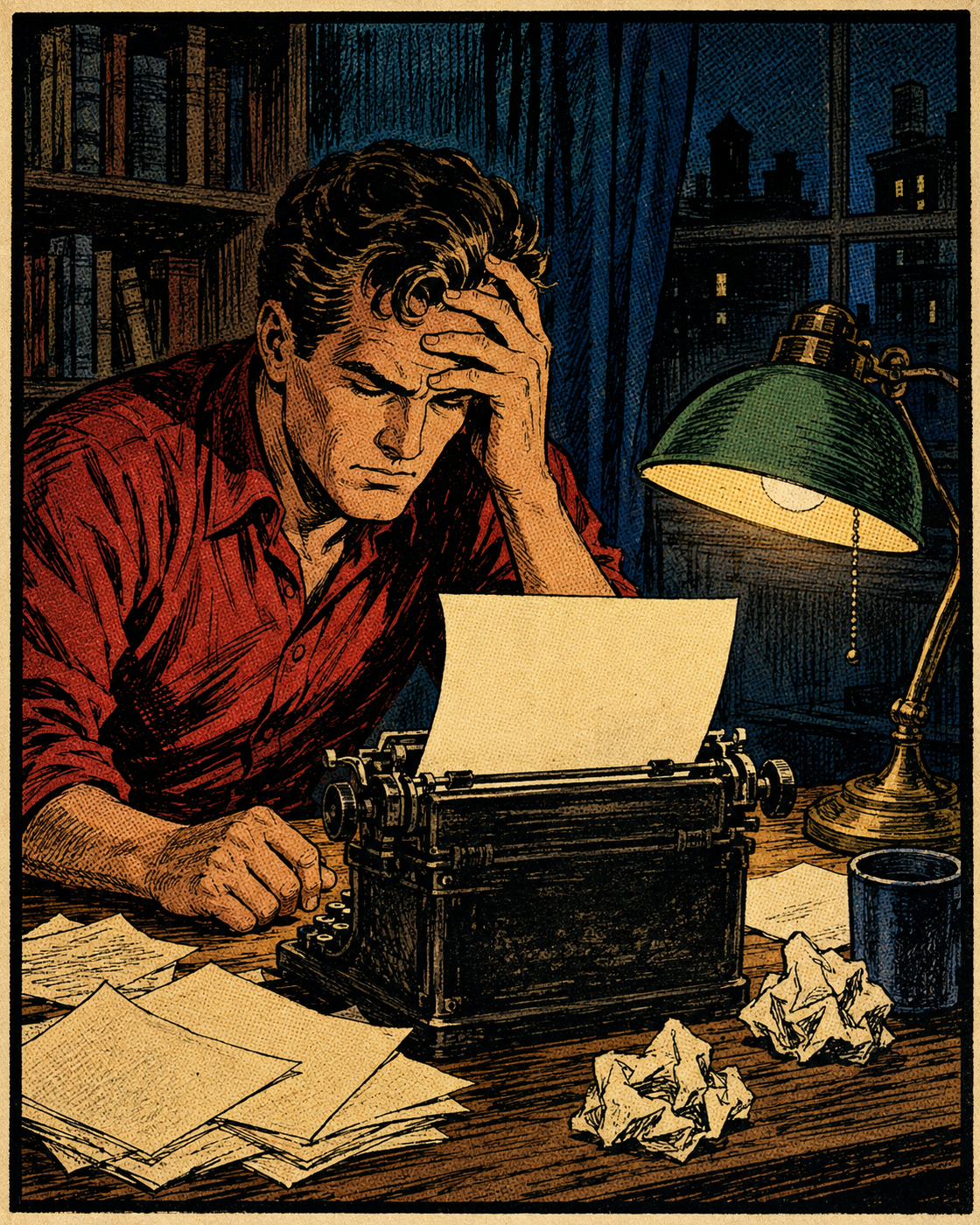 Pulp-comic illustration of a writer confronting a blank page at a typewriter