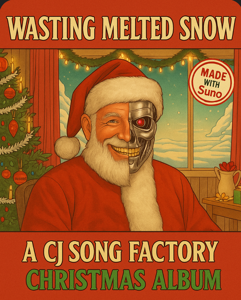 Wasting Melted Snow album cover featuring a half-human, half-robot Father Christmas
